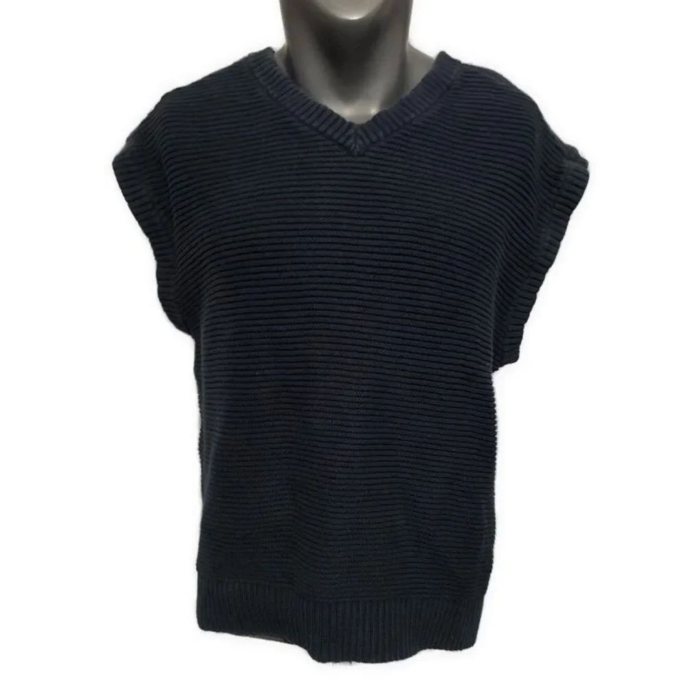 banana republic men solid navy blue cable knit v neck Sweater Vest Large